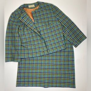 60’s Pendleton Wool Plaid 2Pc Coat Skirt Set Green, Blue, Beige Sz14 EUC